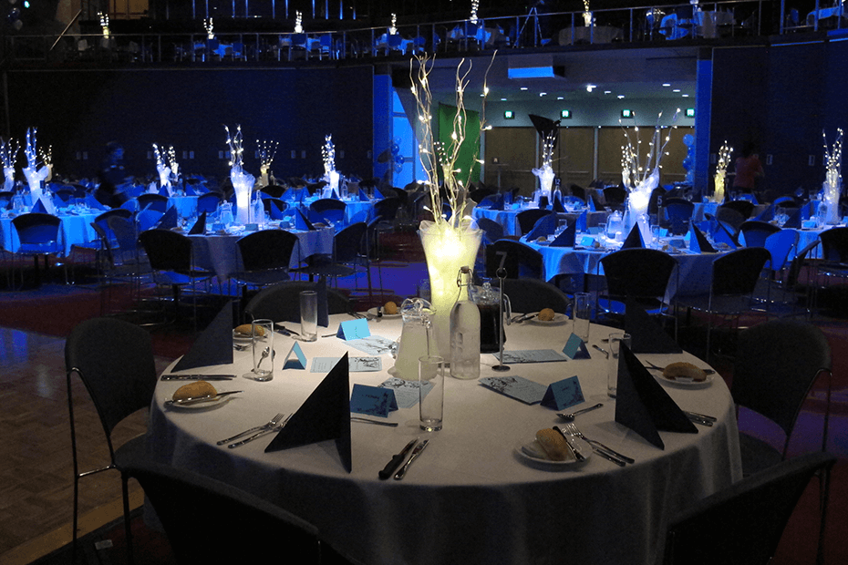 Another formal setup, featuring lighting and centrepieces