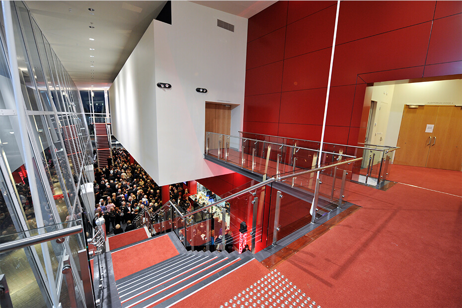The foyer of the Shoalhaven Entertainment Centre from the top of the stairs