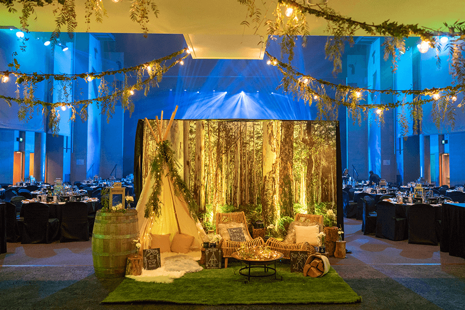 A forest photo setup for a gala event in the auditorium